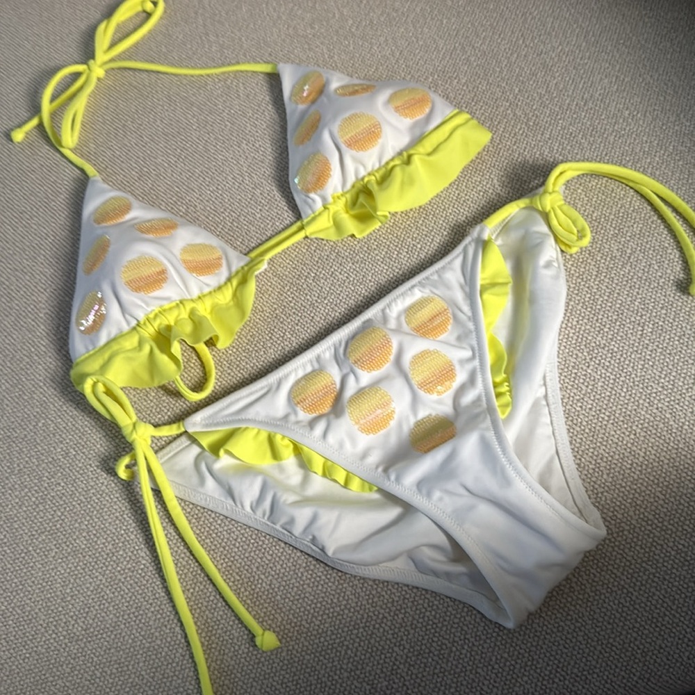 Victoria’s Secret White and Yellow Bikini with sequin polka dots